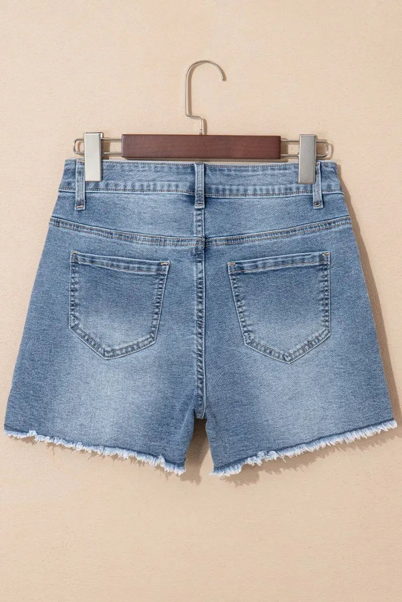 Dusk Blue Pearl Beaded Raw Hem Medium Wash Denim Shorts - Love Salve
